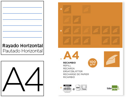 Recambio Liderpapel A4 100h 100g/m² rayado horizontal con margen 4 taladros